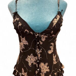 Y2K Guess Women's Black silk button up cami blouse vintage floral camisole